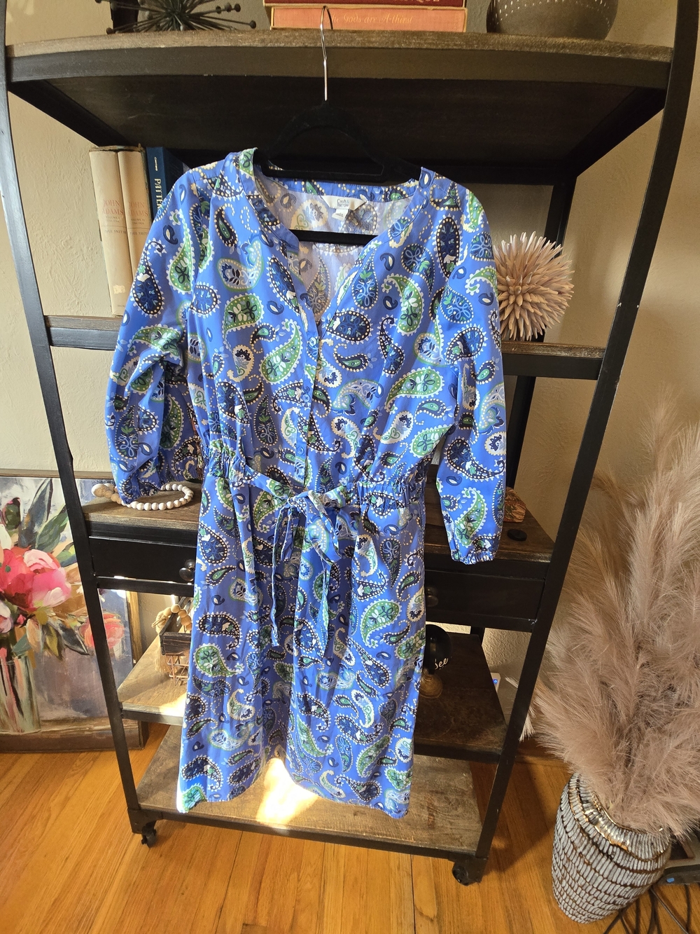 Blue Paisley Wrap-Style Midi Dress with Tie